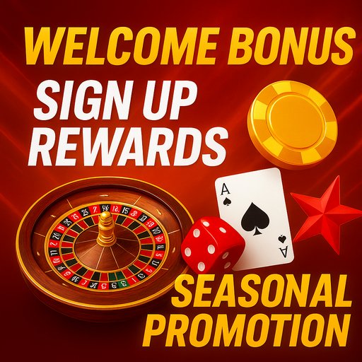 Promotional banner highlighting welcome bonuses, sign up rewards, and seasonal promotions with bold typography and energetic colors