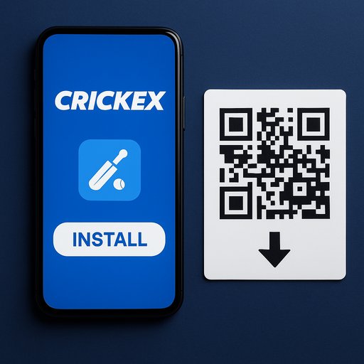 Crickex app download banner showing a smartphone and QR code with clear directions to install the APK.