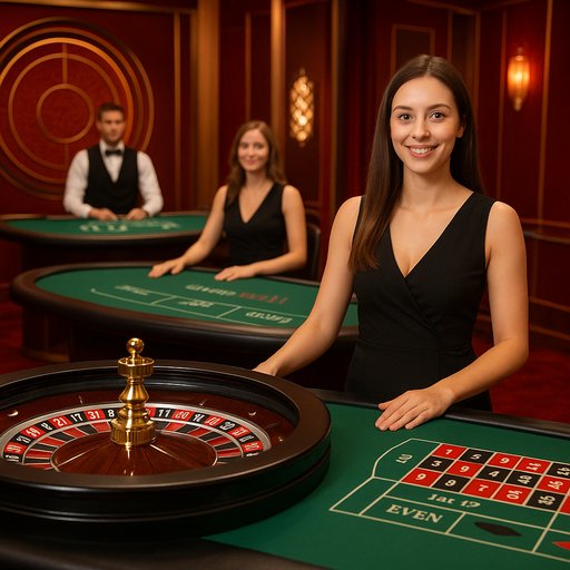 Feature live casino: A vibrant studio setup with dealers and real-time Baccarat and Roulette gameplay, capturing immersive atmosphere.