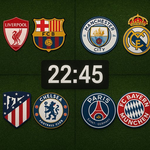 Featured matches grid showing team logos and kickoff countdown for a high‑stakes football clash