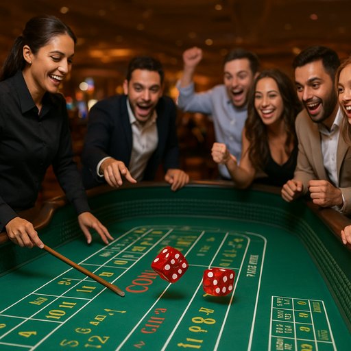 Popular game craps: A lively casino table with dice and players, capturing energetic interaction and fast-paced action for Crickex users.