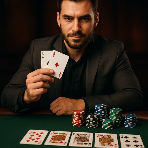 Popular game poker: A confident player arrangement with cards and chips, conveying competitive gameplay and strategy.