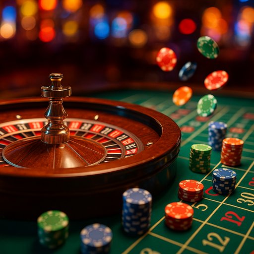 Popular game roulette: A vibrant casino table with spinning wheel, bright lights, and animated chips, inviting you to place bets.
