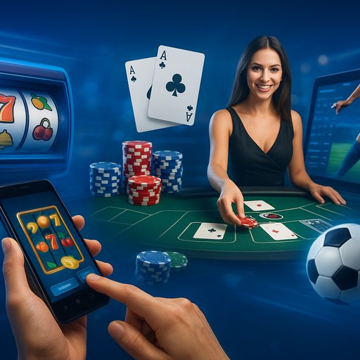Crickex hero banner showing a dynamic montage of game icons and betting actions. The scene is energetic with blue branding and a modern UI. It conveys a wide game collection across slots, table games, live casino, and sports betting on Crickex.