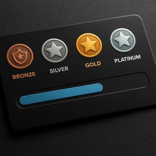 Crickex loyalty program card with tier icons (Bronze, Silver, Gold, Platinum) and a rising progress bar indicating advancement through levels.
