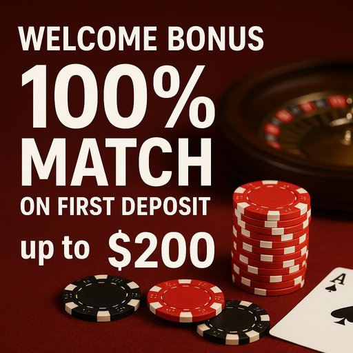 Welcome bonus promotion: banner announcing a 100% match on first deposit up to $200 with clear wagering terms and easy eligibility.
