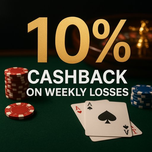 Cashback promotion: banner illustrating a cashback percentage on weekly losses, with terms and eligible games highlighted.