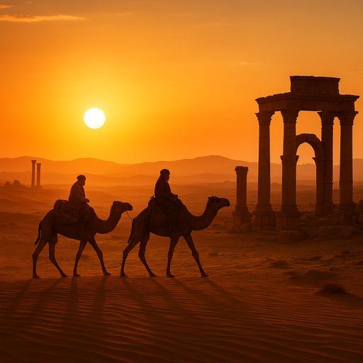 Desert Mirage slot card showing camels and ancient ruins at sunset