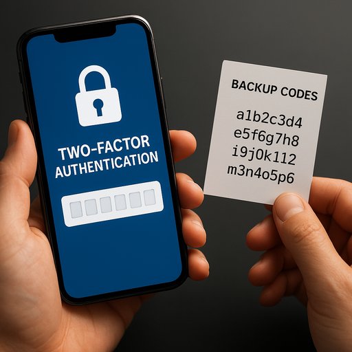 Two-factor authentication steps for Crickex showing a mobile device, a code entry field, and backup codes to secure the login process.
